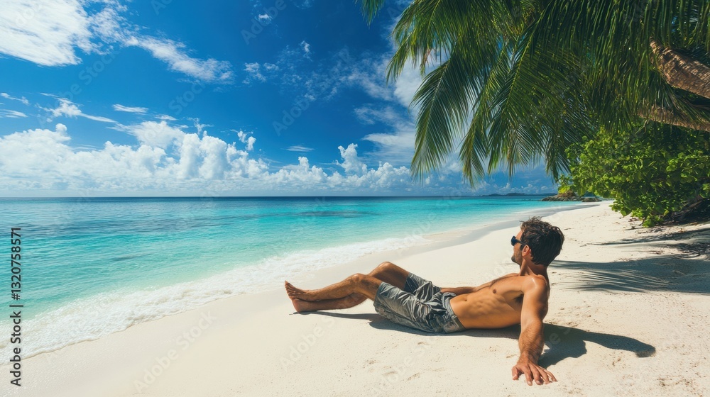 Obraz premium Man relaxes on a tropical beach under sunny blue skies