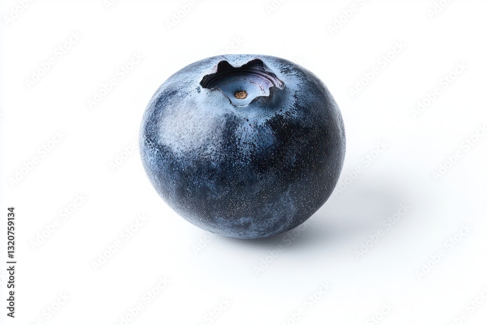 Single fresh blueberry on white table top studio setting showing vibrant color and texture detail Single fresh blueberry on white table top studio setting showing vibrant color and texture detail