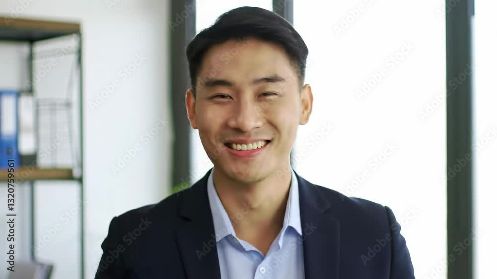 Smiling Asian Male Professional in Formal Attire at Modern Office Setting: Showcasing Confidence and Approachability in a Bright, Contemporary Workspace Smiling Asian Male Professional in Formal Attire at Modern Office Setting: Showcasing Confidence and Approachability in a Bright, Contemporary Workspace