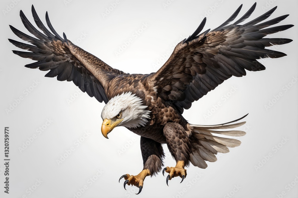 Fototapeta premium Majestic bald eagle in flight, talons extended, preparing to land.