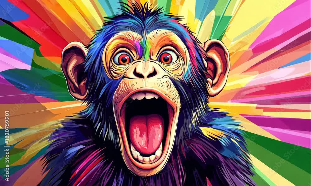 crazy monkey on colorful vibrant background illustrated animation