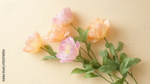 Peach And Pink Artificial Flowers On Beige Background