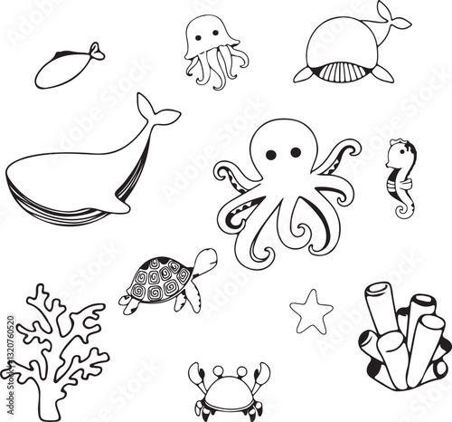 Undersea Wonders: Charming cartoon illustrations bring the ocean to life. These illustrations will captivate all viewers 