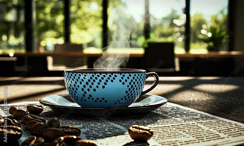 Steaming coffee cup on newspaper near window, sunlit cafe background; perfect for morning routine content