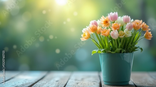 Bouquet of pink, yellow, and white daisies in blue pot on wooden table with blurred turquoise background. Spring floral decoration with copy space