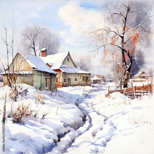 A serene landscape watercolor of a village covered in snow, with wooden houses, a winding path and a distant church tower. This watercolor captures the peaceful charm of winter in the countryside