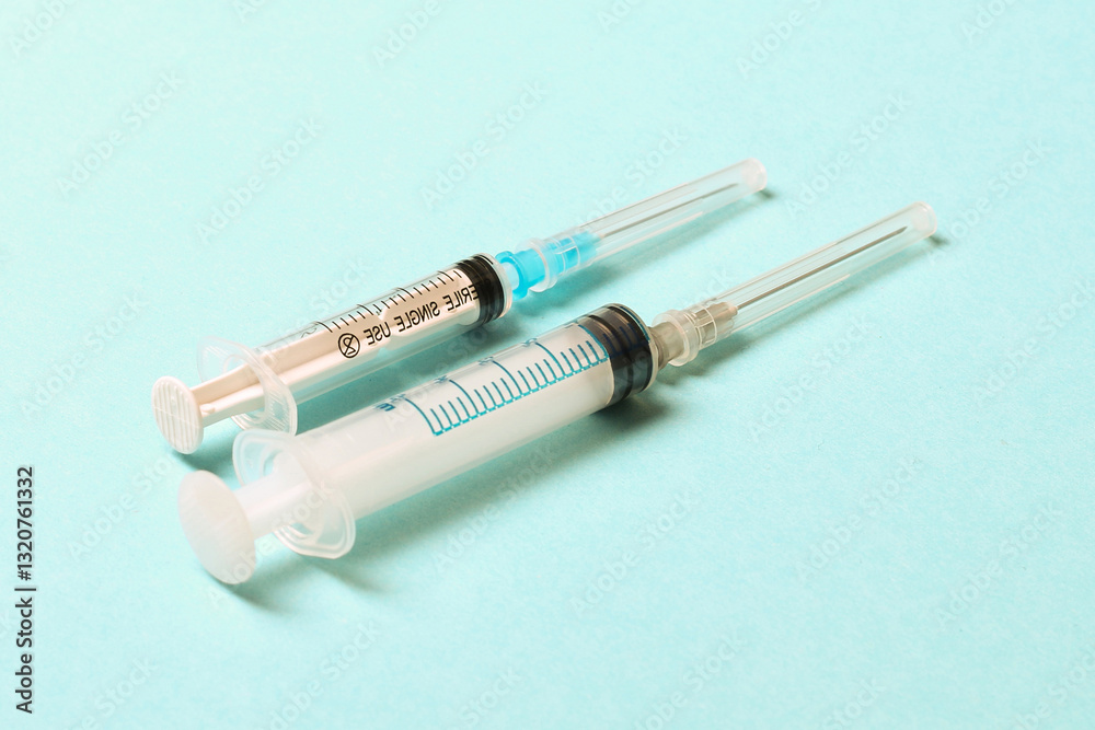 Top view of different syringes for injection on colorful background. Medical equipment concept with copy space Top view of different syringes for injection on colorful background. Medical equipment concept with copy space