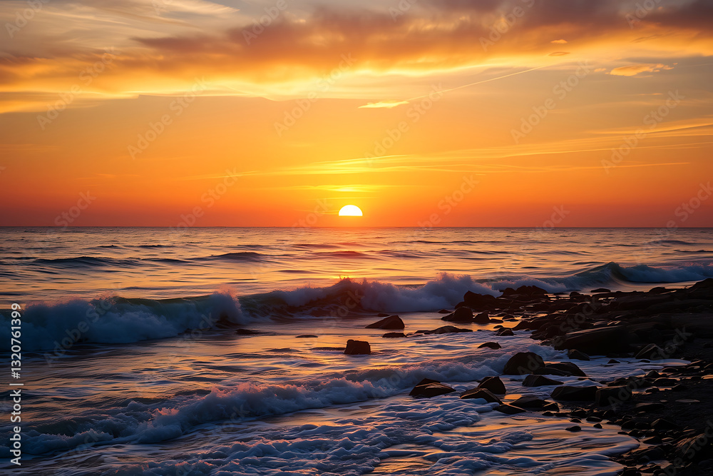 Obraz premium Vibrant colors in a breathtaking panoramic sunrise stock-image over snow-capped mountains, with pink and orange hues in the sky, capturing the awe-inspiring beauty of the early morning landscape.