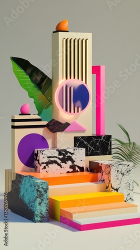 Abstract geometric art display with dynamic shapes and vibrant colors creating a modern presentation
