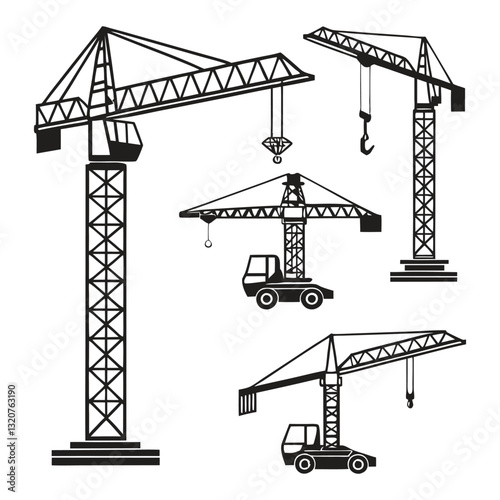 Black and White Construction Equipment and Scaffolding Icons – Minimalist Industrial Tool Illustrations