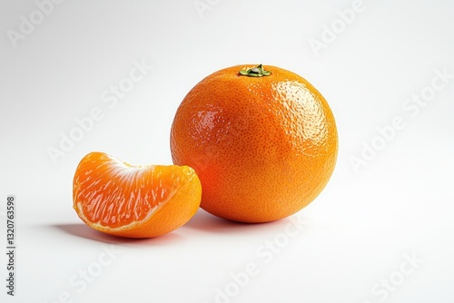 Ripe tangerine composition on bright background a whole fruit beside a juicy slice of citrus fruit