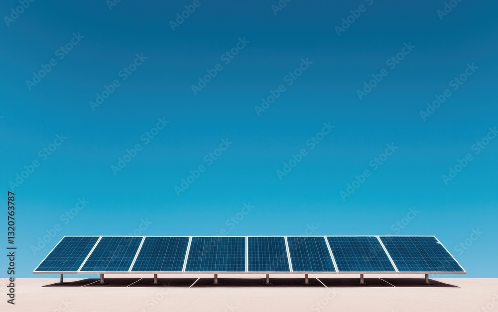 Fototapeta premium Solar Panels in a Desert Landscape Under a Vivid Blue Sky