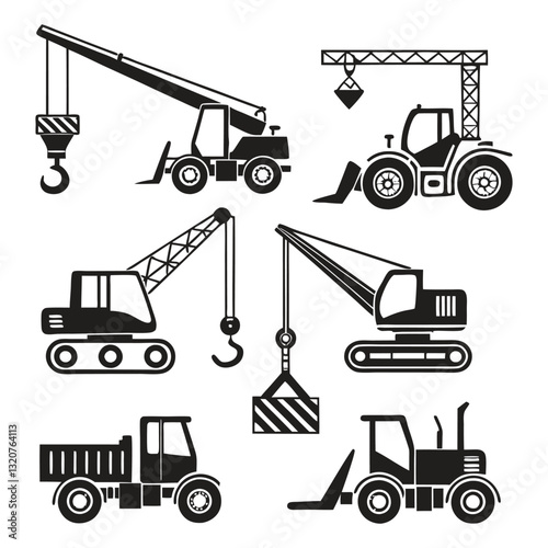 Black and White Construction Machinery Icons – Cranes, Forklifts, Winches, Lift Trucks, Heavy Equipment