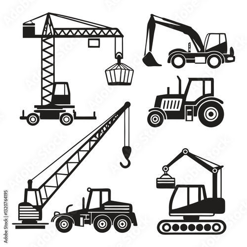 Black and White Construction Machinery Icons – Cranes, Forklifts, Winches, Lift Trucks, Heavy Equipment