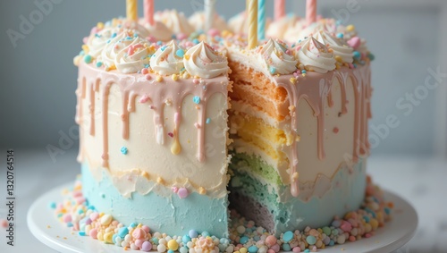 Wallpaper Mural A vibrant cake with pastel layers, topped with frosting and colorful sprinkles, perfect for celebrations. Torontodigital.ca