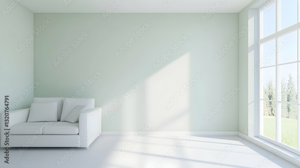 Bright and Airy Minimalist Room with Light Green Walls and Sofa Bright and Airy Minimalist Room with Light Green Walls and Sofa
