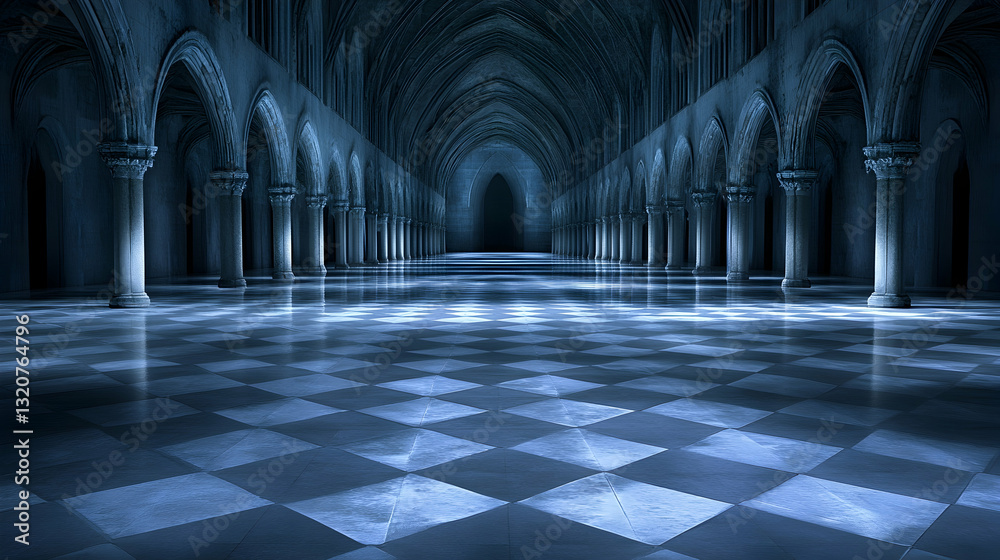 Obraz premium Dark Gothic Archway in Empty Hall with Checkerboard Floor Design