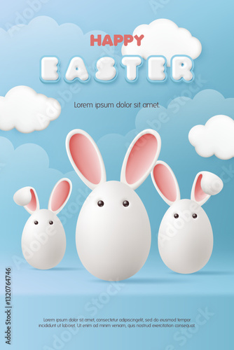 Happy Easter day greeting card and banner template. White egg with bunny ears on a blue background. Cute rabbit. Social media sale promotion poster, wallpaper. Vector