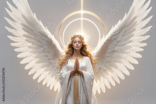 Serene angel with large white wings, praying.