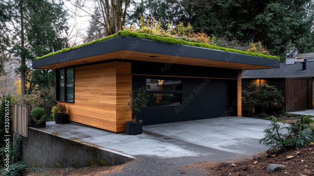 Modern wooden house with green roof and large windows in serene forest setting Modern wooden house with green roof and large windows in serene forest setting
