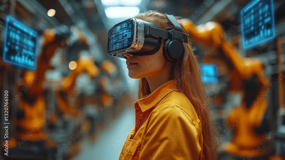 A female engineer wearing virtual reality goggles assesses robotic arms in an advanced manufacturing facility filled with automation technology. A female engineer wearing virtual reality goggles assesses robotic arms in an advanced manufacturing facility filled with automation technology.