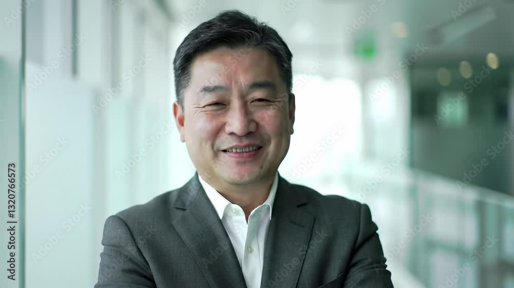 Confident Middle-Aged Asian Businessman Smiling in a Modern Office Environment, Showcasing Leadership and Professionalism in a Contemporary Setting Confident Middle-Aged Asian Businessman Smiling in a Modern Office Environment, Showcasing Leadership and Professionalism in a Contemporary Setting