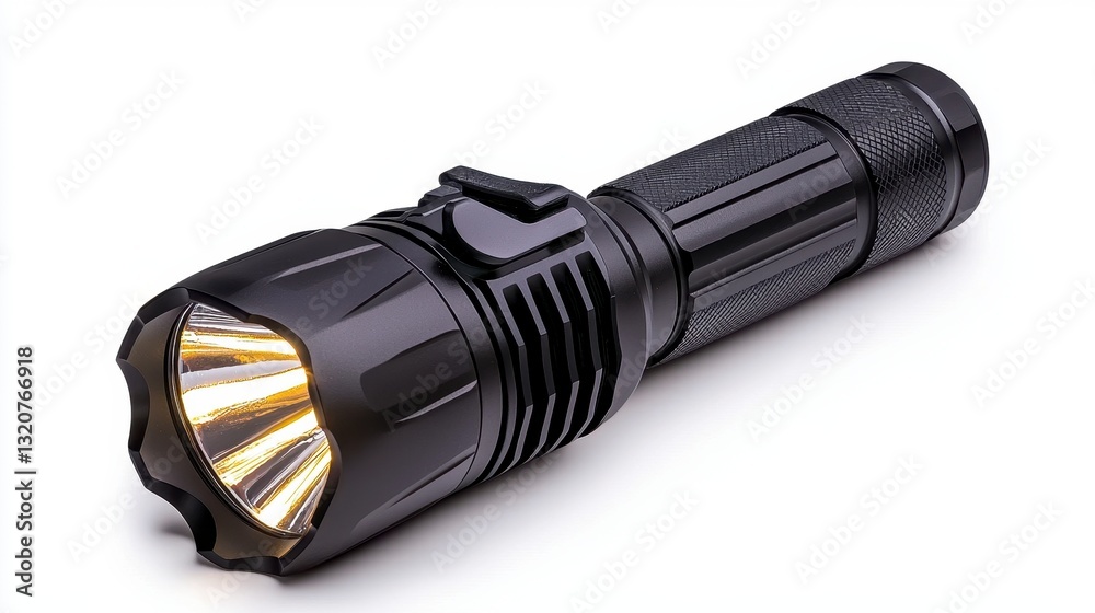 Black Textured Tactical Flashlight with Bright LED Light on White Background Black Textured Tactical Flashlight with Bright LED Light on White Background