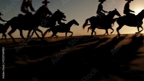 Sunset horseback riders galloping across the desert in dramatic silhouette