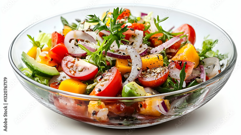 Fresh Colorful Salad with Vegetables in Glass Bowl on White Background Fresh Colorful Salad with Vegetables in Glass Bowl on White Background