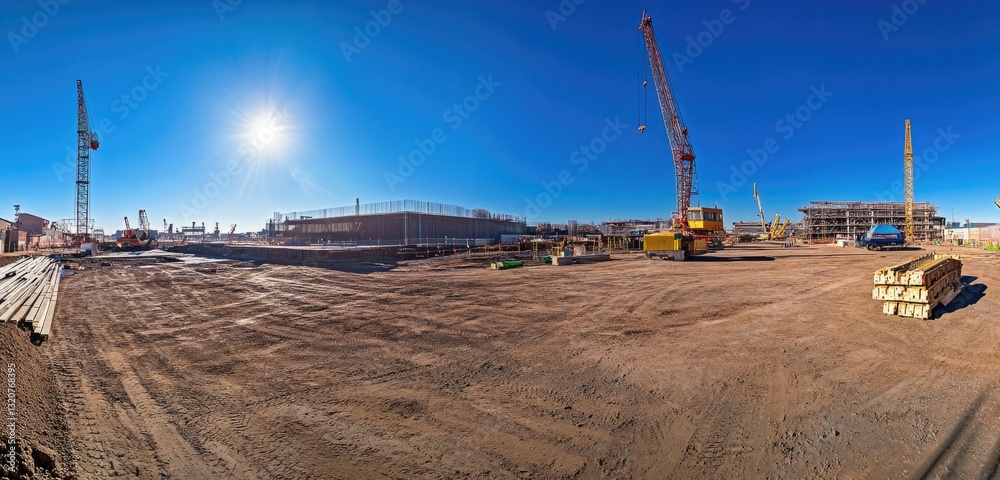 Construction Site with Cranes and Foundation Construction Site with Cranes and Foundation
