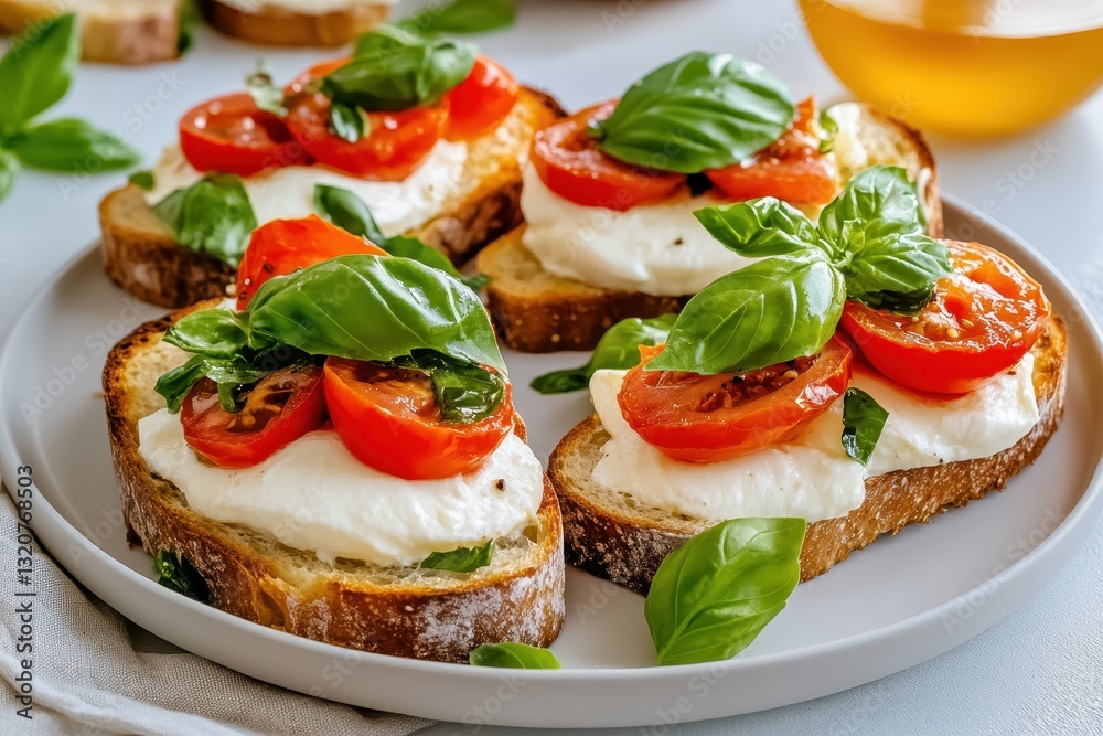 Fresh Caprese Toast with Basil and Grilled Tomatoes Ready to Serve on a White Plate Fresh Caprese Toast with Basil and Grilled Tomatoes Ready to Serve on a White Plate