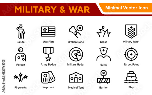 Military & War Icon Set. A powerful collection of icons representing defense and combat themes, perfect for enhancing educational materials, military websites, and historical projects.