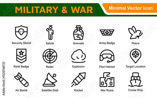 Military & War Icon Set. A powerful collection of icons representing defense and combat themes, perfect for enhancing educational materials, military websites, and historical projects.
