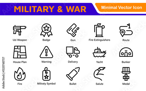 Military & War Icon Set. A powerful collection of icons representing defense and combat themes, perfect for enhancing educational materials, military websites, and historical projects.