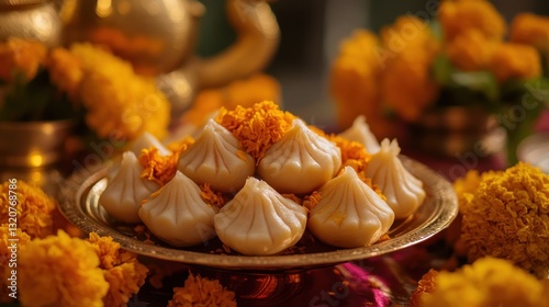 A devotional offering of freshly prepared Ukdiche Modak to Lord Ganesha with a decorative backdrop of marigold flowers. photo