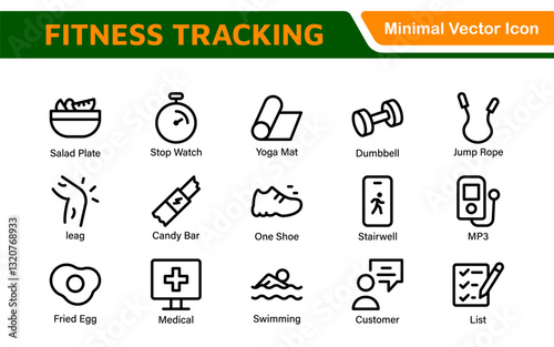 Fitness Tracking Exercise Icons – Modern Outline Symbol Set for Training and Performance Monitoring