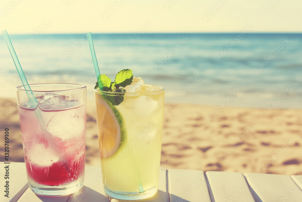Obraz premium Colorful Summer Beverages with Citrus Garnish on White Table with Beach View