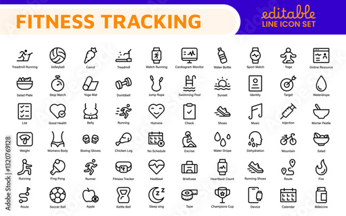 Fitness Tracking Exercise Icons – Modern Outline Symbol Set for Training and Performance Monitoring