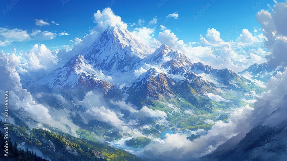 Obraz premium Crystal Clear Blue Sky Over Snow-Capped Mountains with Misty Cloud Sea, Lush Green Trees at the Base, Pristine Alpine Landscape, Serene Natural Beauty, High Altitude Vista, Icy Peaks, Cloud Formation,