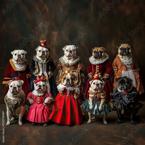 english bulldogs dressed differently in a variety of clothes inspired by holidays and the four seasons