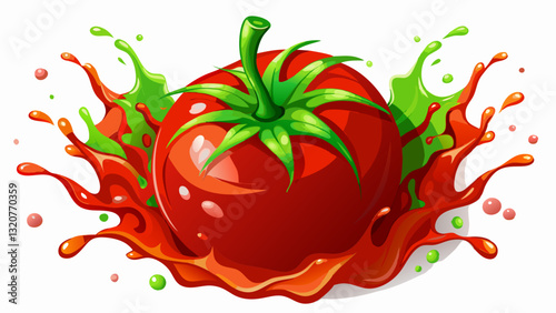 Red tomato with juice or ketchup splash isolated on white background,3d rendering.
