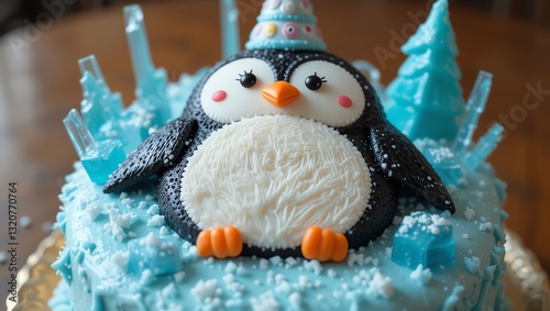 A whimsical penguin cake decorated with blue frosting and crystal-like accents brings joy to any celebration. photo