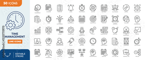 Time management line editable icon set. Containing schedule, to-do list, task, manage time, planner, calendar, delegation, reminder, timer, set priorities and more. Vector illustration