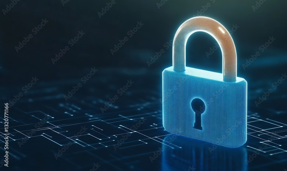 Fototapeta premium Digital padlock on a circuit board background symbolizes cybersecurity and safety.