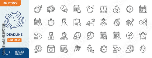 Deadline line editable icon set. Containing alarm, calendar, clock, and more. Editable stroke. Vector illustration
