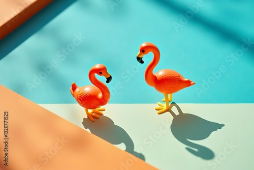 Two flamingo toys on a vibrant orange and blue background, radiating joy and optimism.