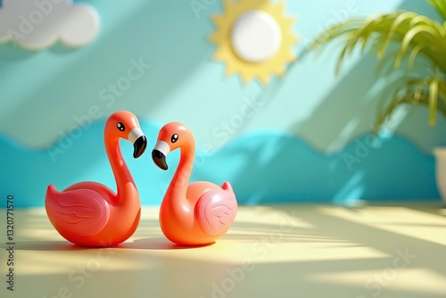 Two flamingo toys on a vibrant orange and blue background, radiating joy and optimism.