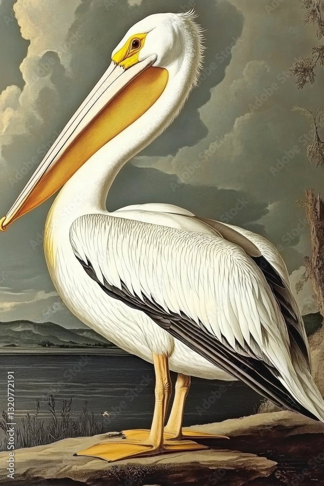 Fototapeta Audubon's American White Pelican: Exquisite Art Depiction of Beautiful Wildlife Nature