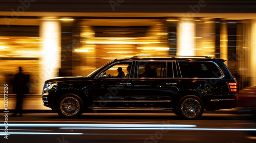 Black luxury suv driving at night city lights blurred background car dark road fast speed urban