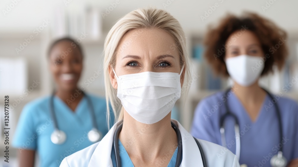 Healthcare professionals in masks standing together in a medical setting. Healthcare professionals in masks standing together in a medical setting.